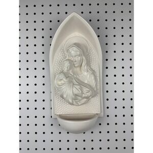 Vintage Ceramic Virgin Mary and Child Holy Water Font White Wall Hanging Altar